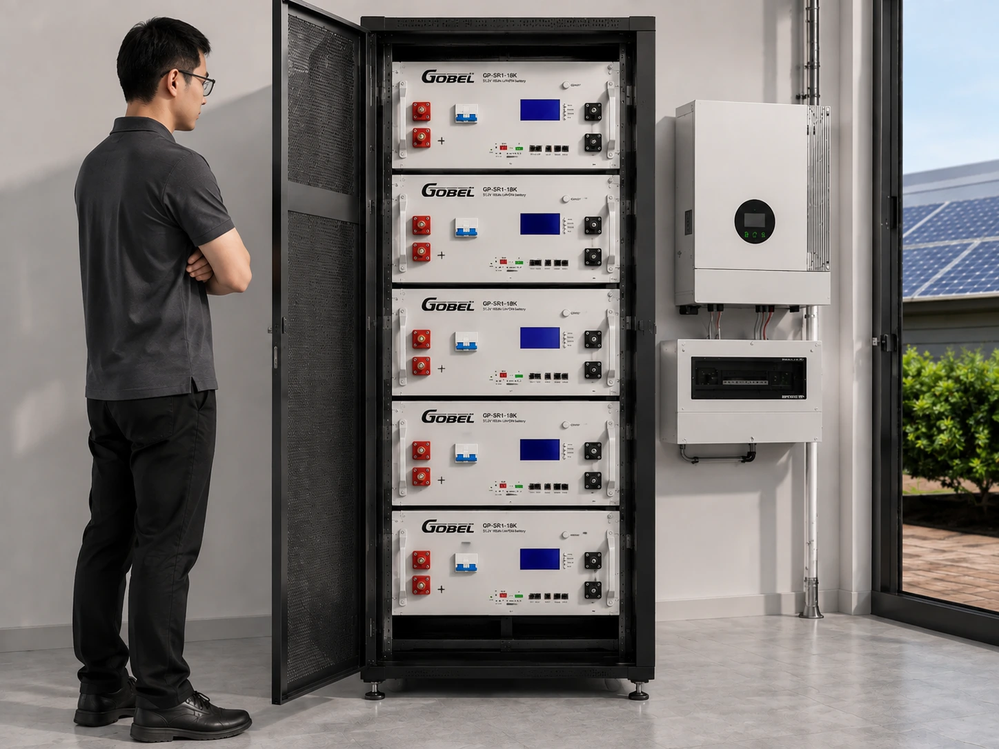 Rack-mounted battery module in a standard 19-inch server rack, with a person for scale