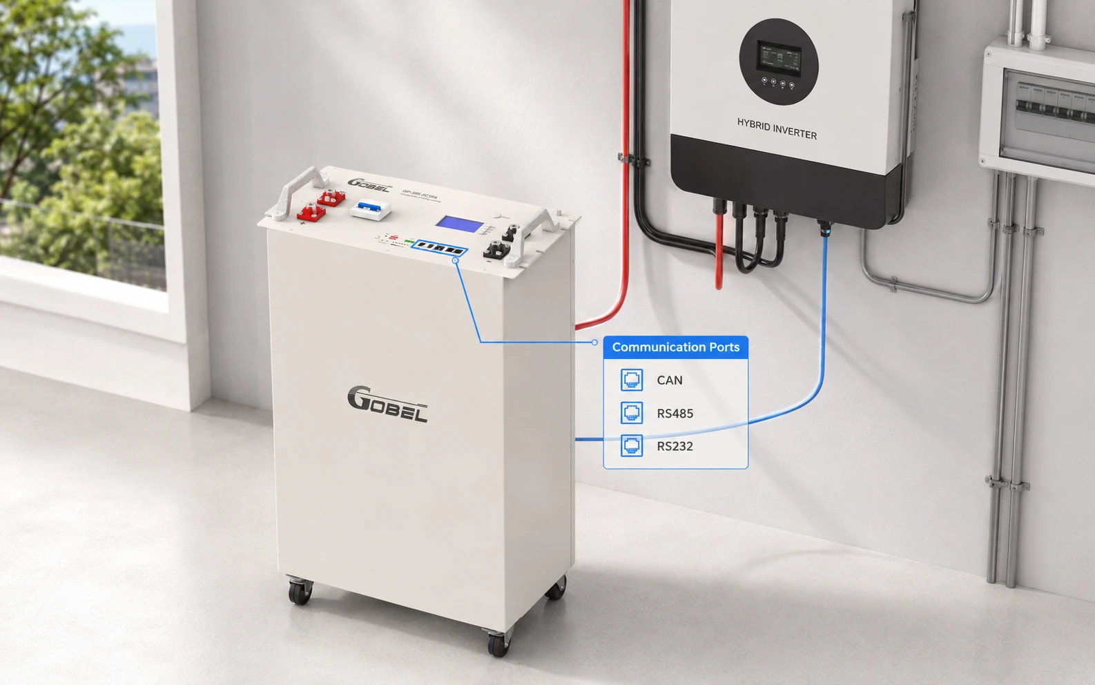 Battery module connected to a hybrid inverter, communication ports highlighted