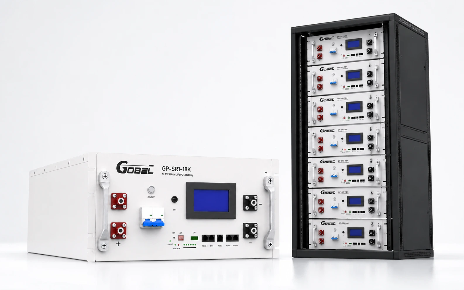 Single server rack battery module and a full rack of stacked modules
