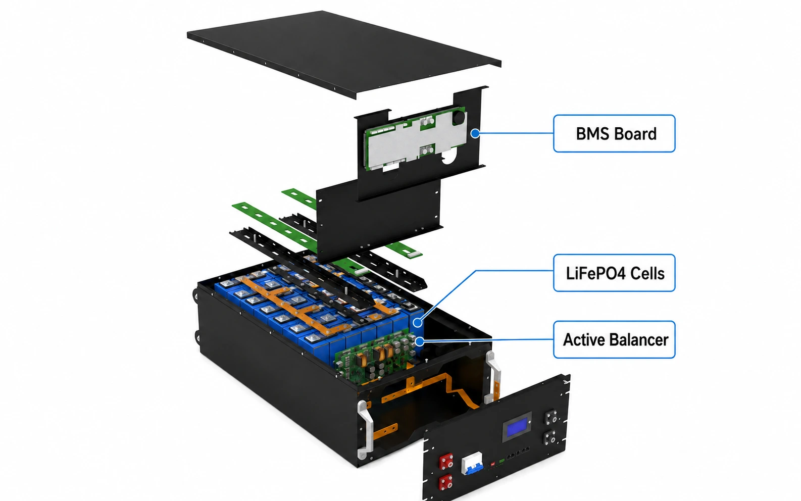 Internal detail of lithium iron phosphate cells, BMS board, and active balancer