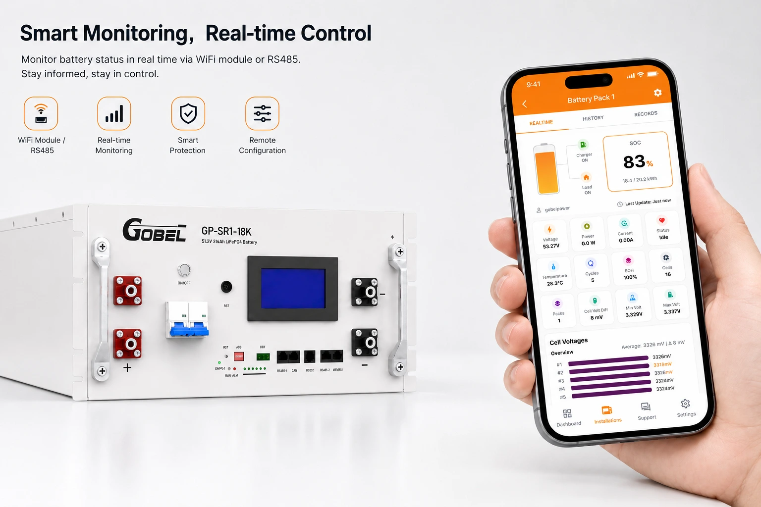 Smartphone app showing real-time battery status via Bluetooth