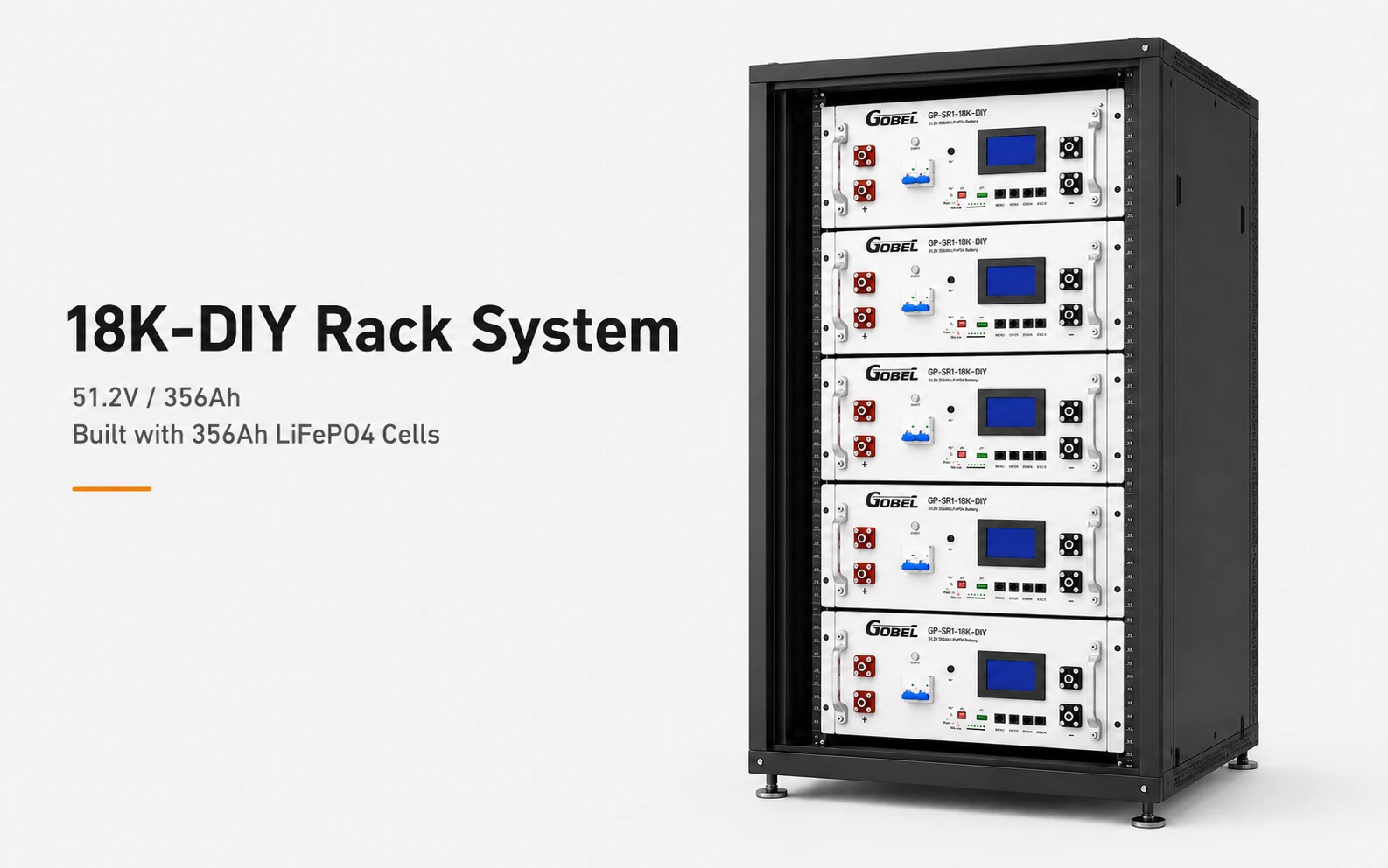 Multiple DIY battery modules racked in parallel in a 19-inch server rack