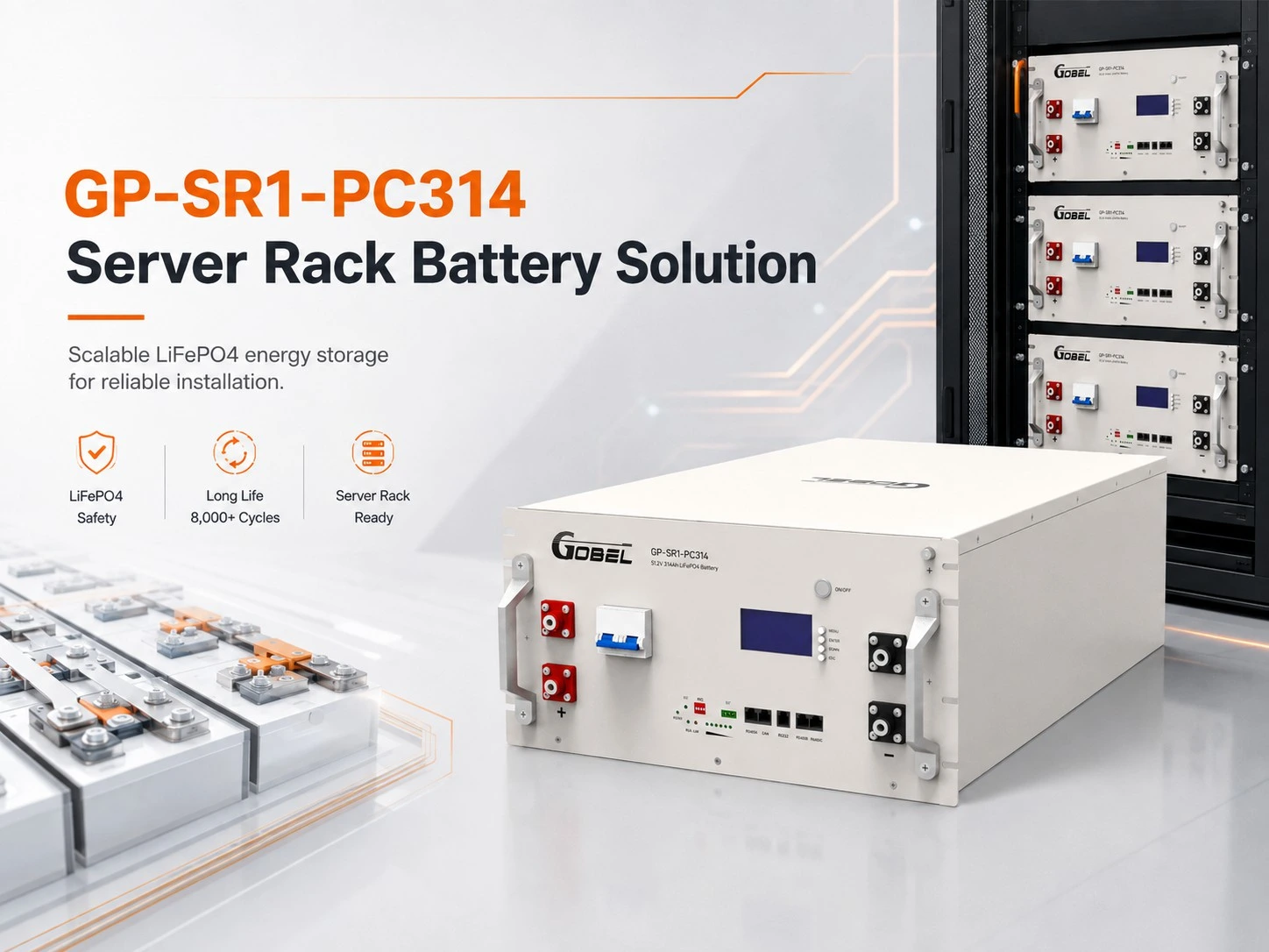 Gobel Power GP-SR1-PC314 51.2V 314Ah 16kWh LiFePO4 server rack battery front panel with LCD and 200A circuit breaker