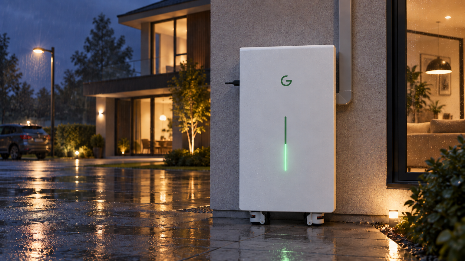Gobel PowerCarol 16 GP-WP1-16K-PC200B floor-standing battery installed in a residential courtyard at night