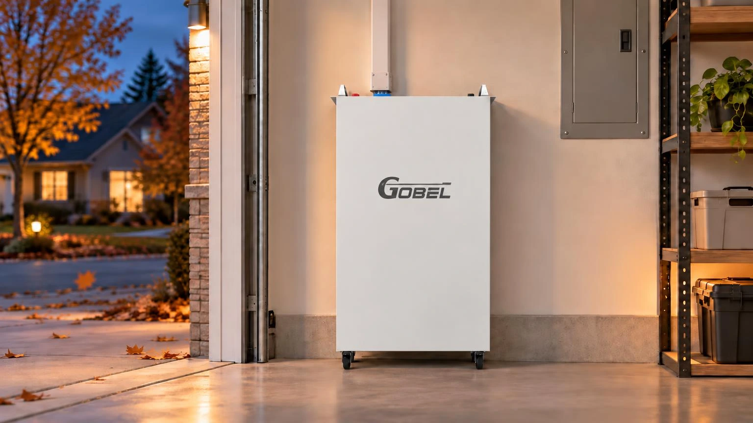 Gobel PowerFable 16 white energy storage battery installed in a residential garage at dusk