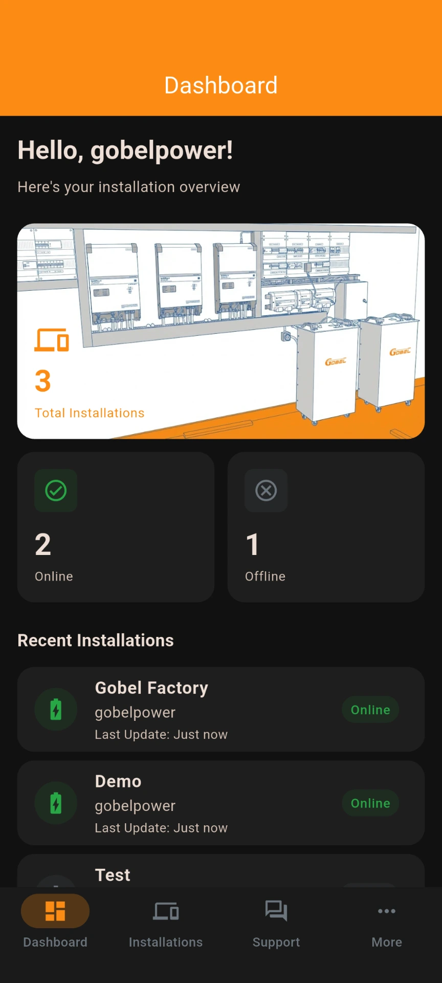 Gobel VRM dashboard — installations overview with online status