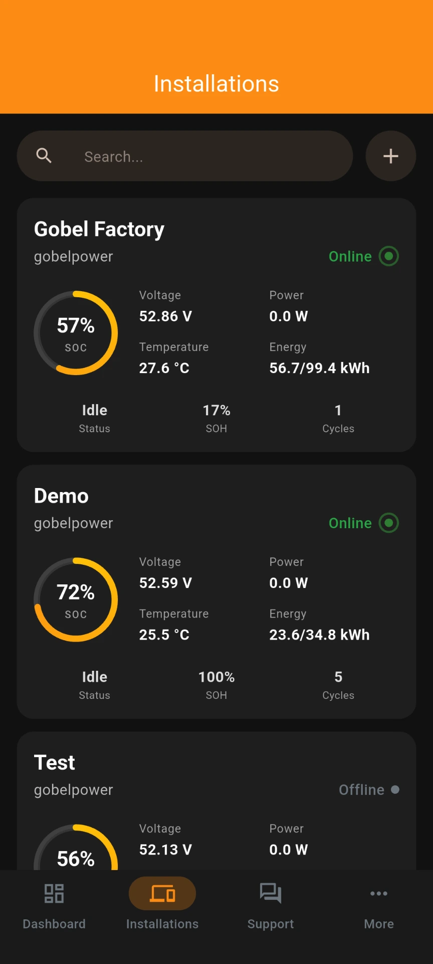 Gobel VRM installations — real-time SOC, voltage, current and temperature